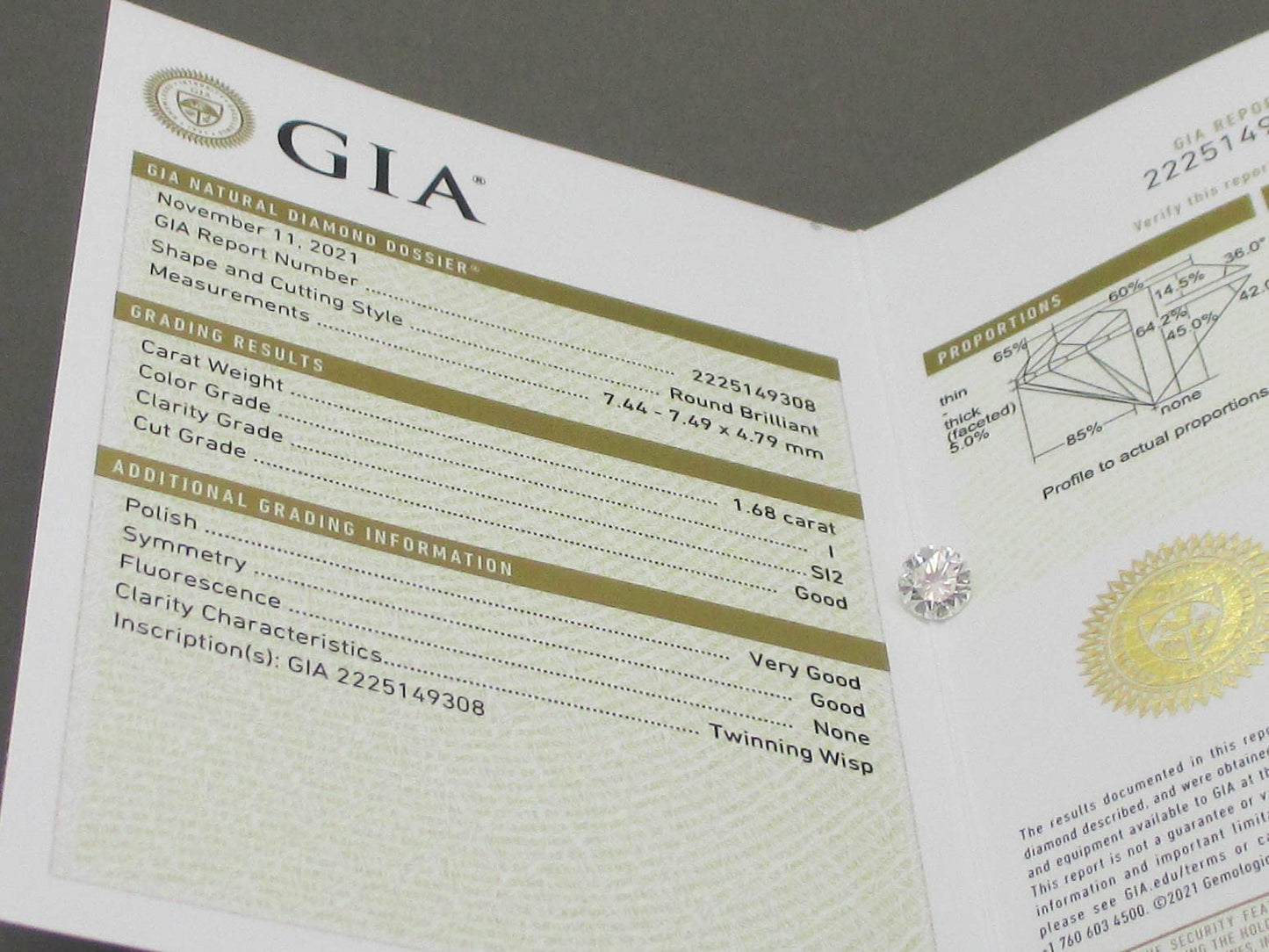 Loose 1.68ct Round Cut GIA Certified Natural Diamond SI2/I i17406