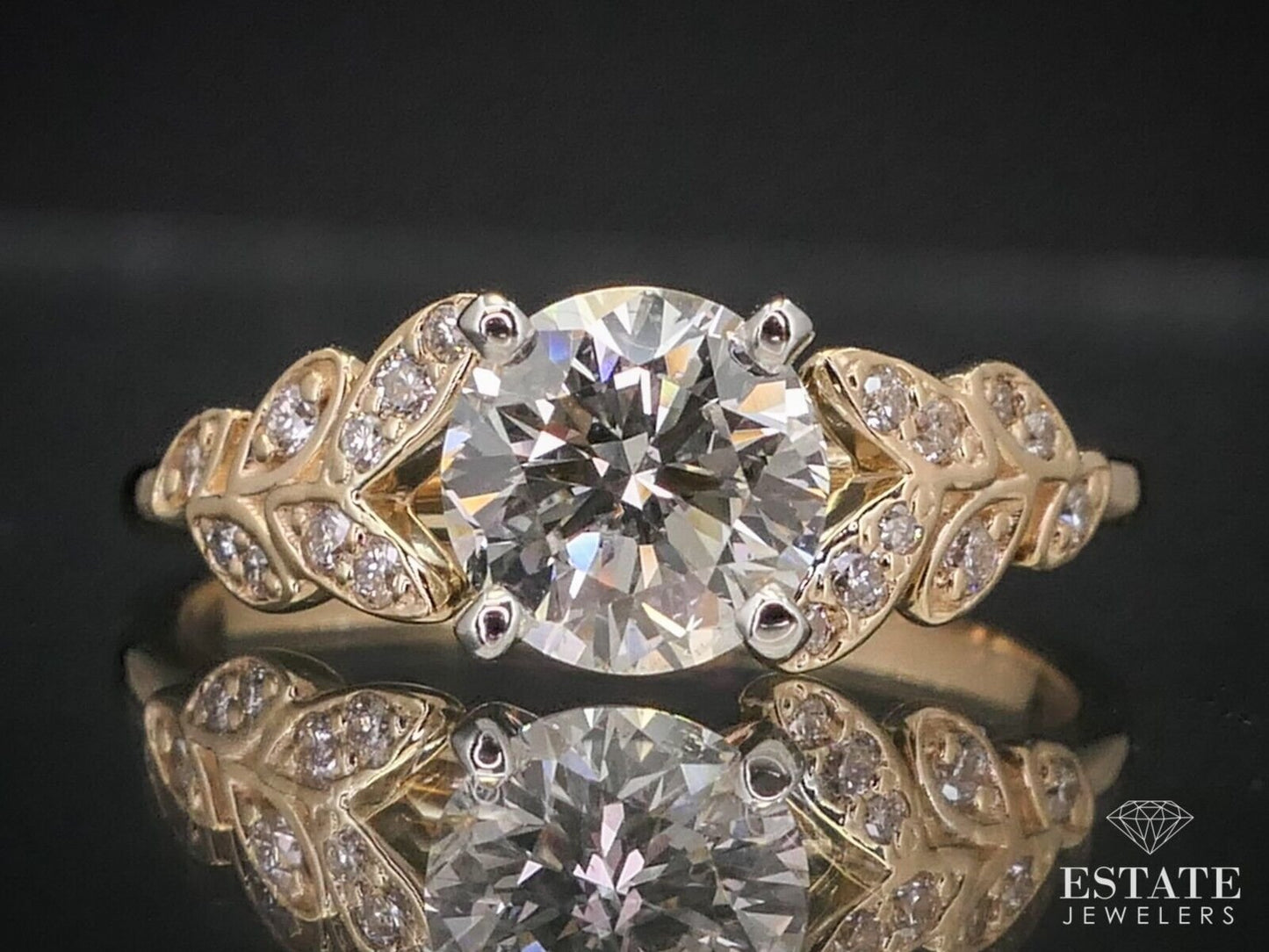 14k Yellow Gold Round Natural 1.01ct Diamond Leaf Engagement Ring i12457