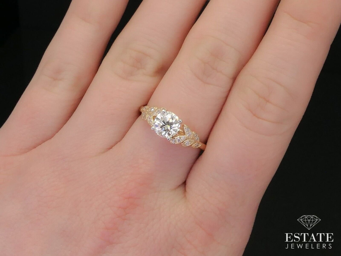 14k Yellow Gold Round Natural 1.01ct Diamond Leaf Engagement Ring i12457