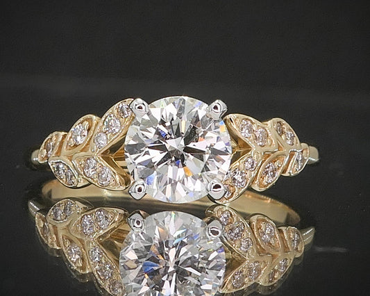 14k Yellow Gold Round Natural 1.01ct Diamond Leaf Engagement Ring i12457