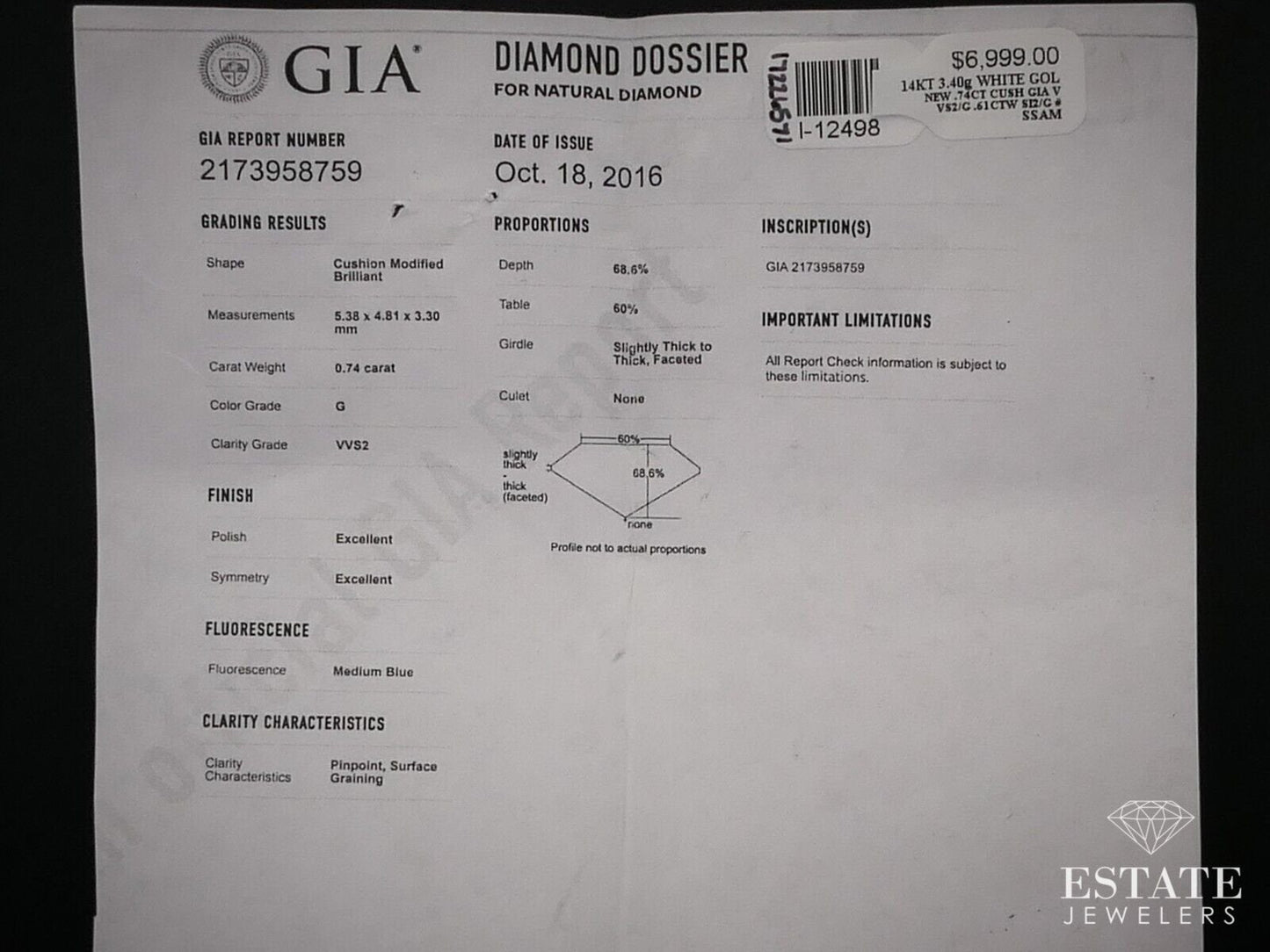 14k White Gold GIA Cushion Cut 1.35ctw Diamond Engagement Ring 3.4g i12498