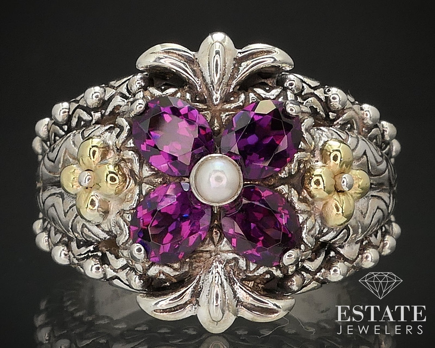Estate 18k & Sterling 925 Rhodolite Garnet Flower Barbara Bixby Ring 14g i12776