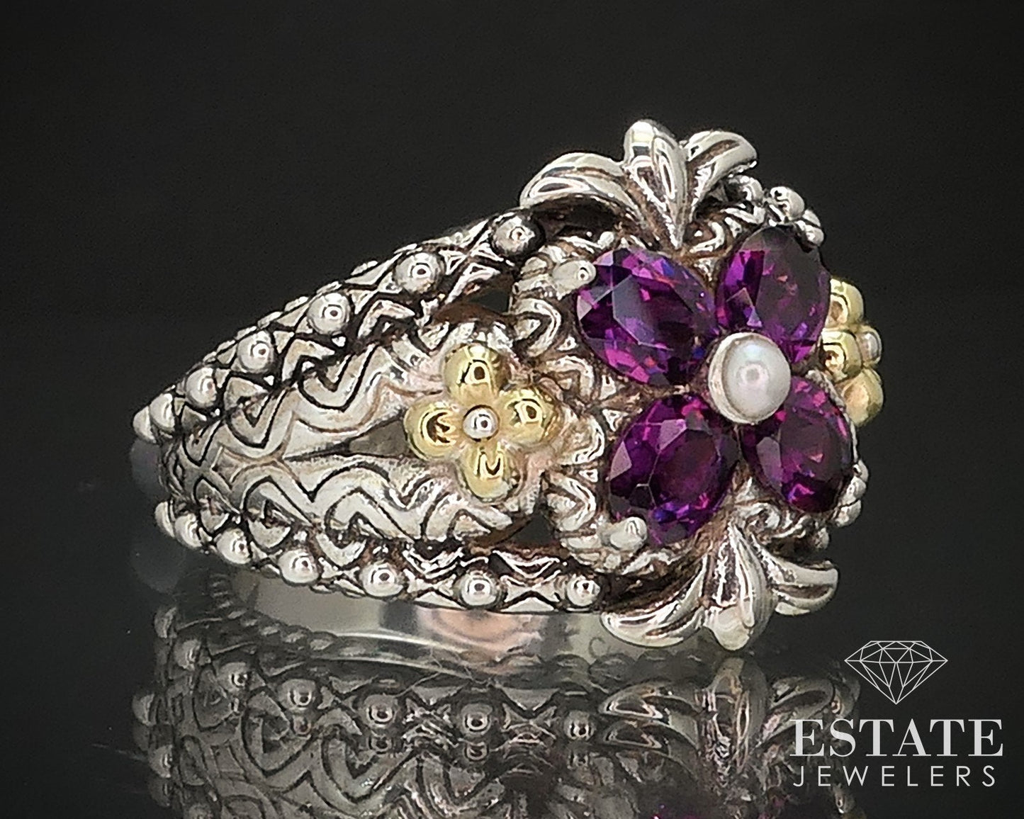 Estate 18k & Sterling 925 Rhodolite Garnet Flower Barbara Bixby Ring 14g i12776