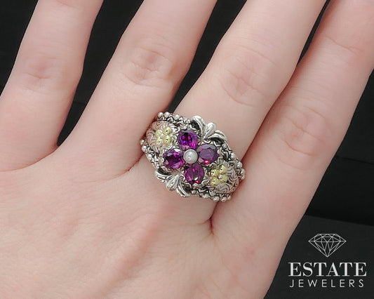 Estate 18k & Sterling 925 Rhodolite Garnet Flower Barbara Bixby Ring 14g i12776