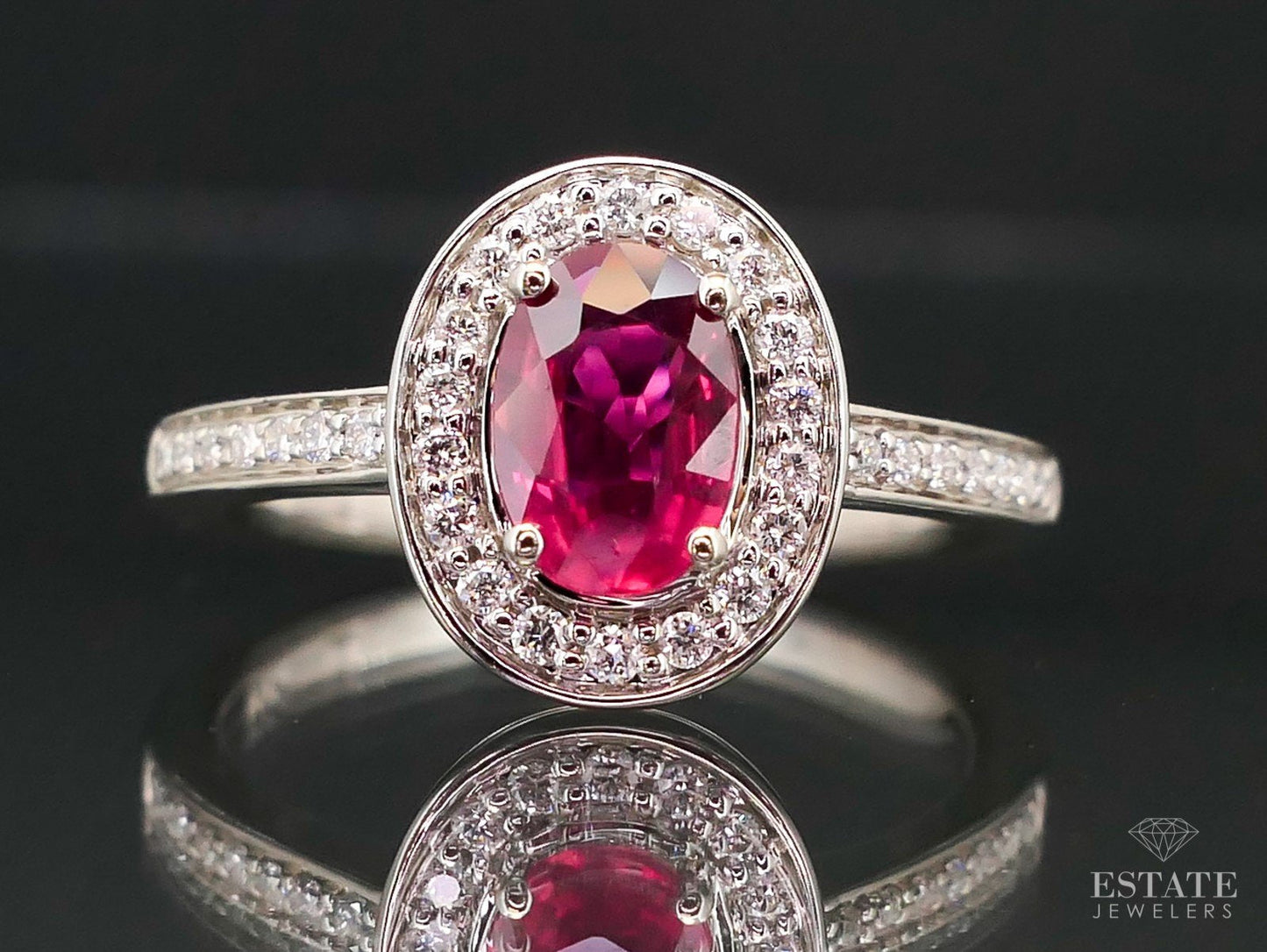 NEW 14k White Gold Oval Natural Ruby & Diamond Halo Ladies Ring 2.9g i3778