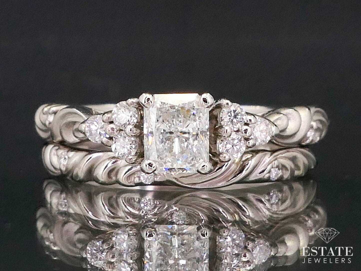 Estate 14k White Gold GIA Natural .92ctw Diamond Wedding Set 6.5g i13265