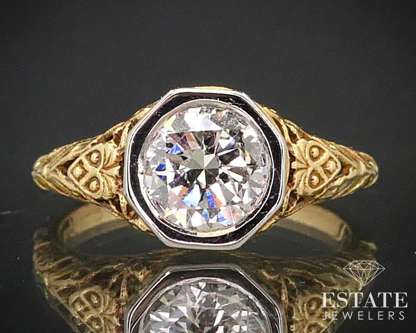 Jabel 18k Yellow Gold Round Natural 1.13ct Diamond Filigree Ring 3.9g i13677