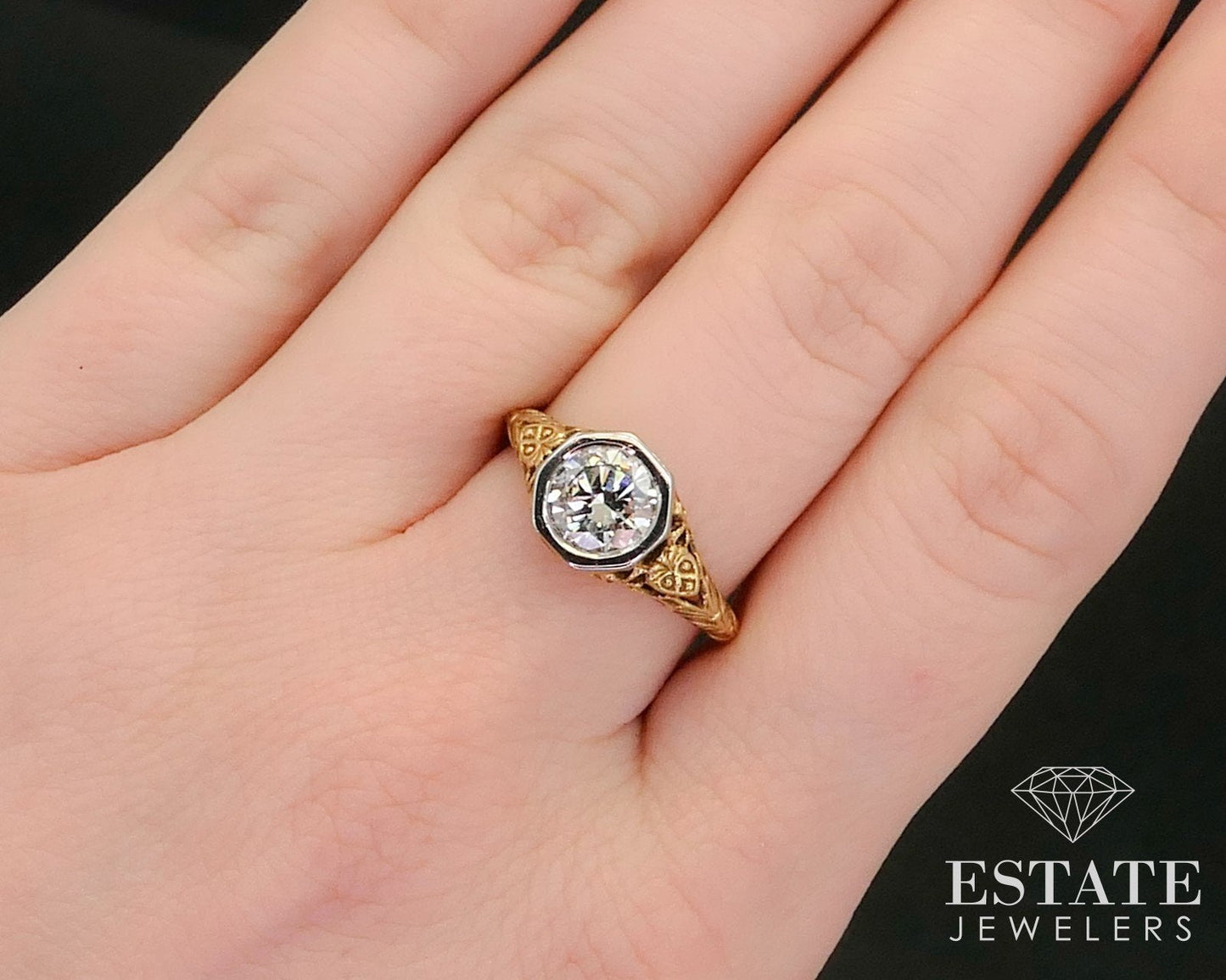 Jabel 18k Yellow Gold Round Natural 1.13ct Diamond Filigree Ring 3.9g i13677