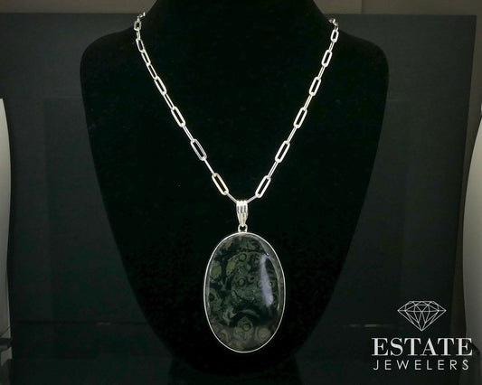 Sterling Silver Natural Kambaba Jasper Paperclip Large Necklace 65g 30"L i14049