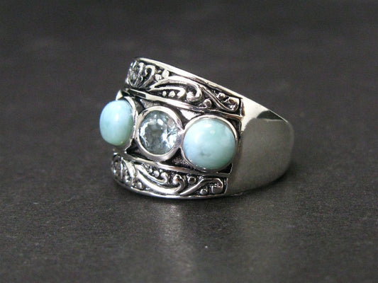 Sterling Silver Natural Natural Larimar & Blue Topaz Band Ring 7.9g i14220