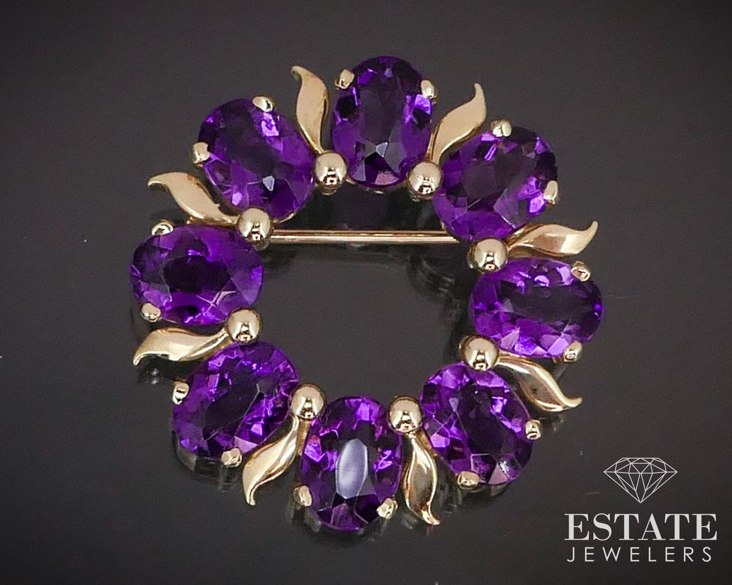 Vintage 14K Yellow Gold Signed Natural Amethyst Circle Pin Brooch 7.4g i14257