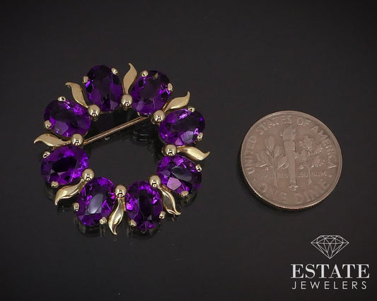 Vintage 14K Yellow Gold Signed Natural Amethyst Circle Pin Brooch 7.4g i14257