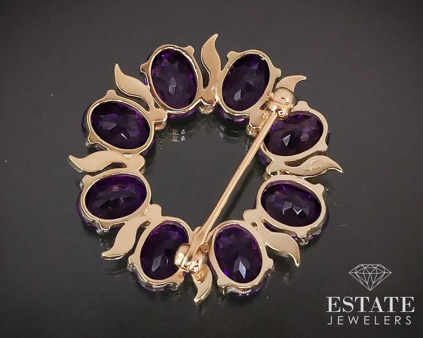 Vintage 14K Yellow Gold Signed Natural Amethyst Circle Pin Brooch 7.4g i14257