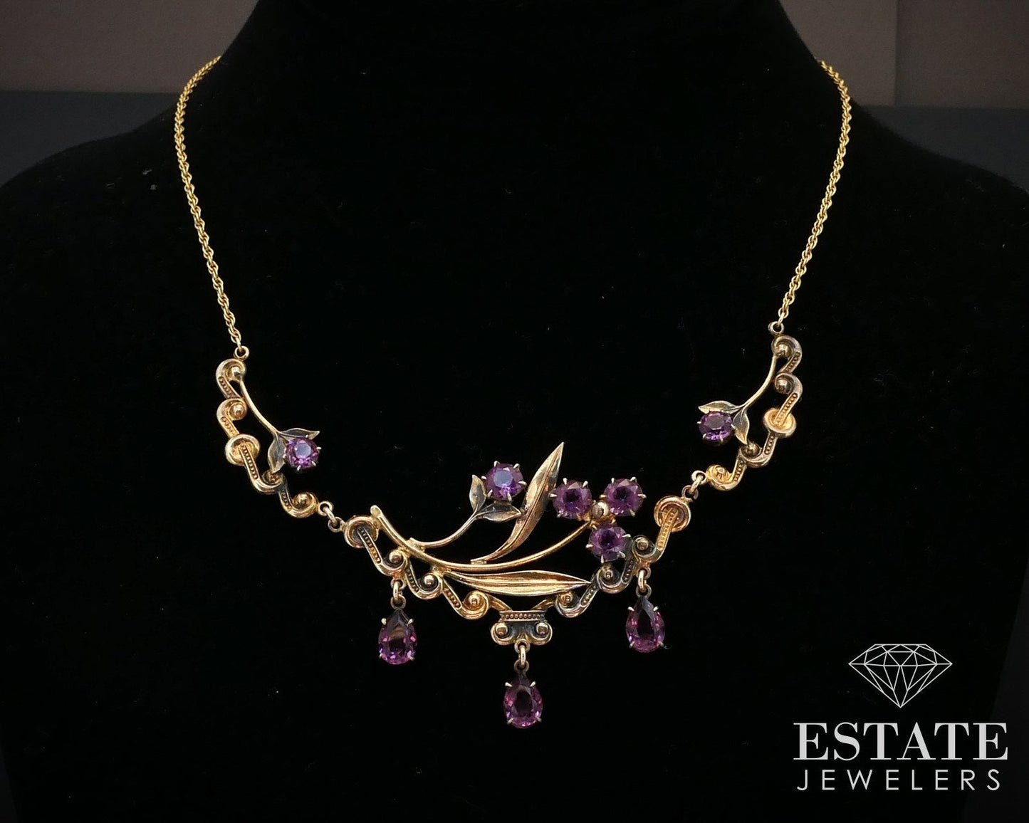 Antique Nouveau Gold Filled J.J. White Purple Stone Necklace 10.3g 17"L i14378