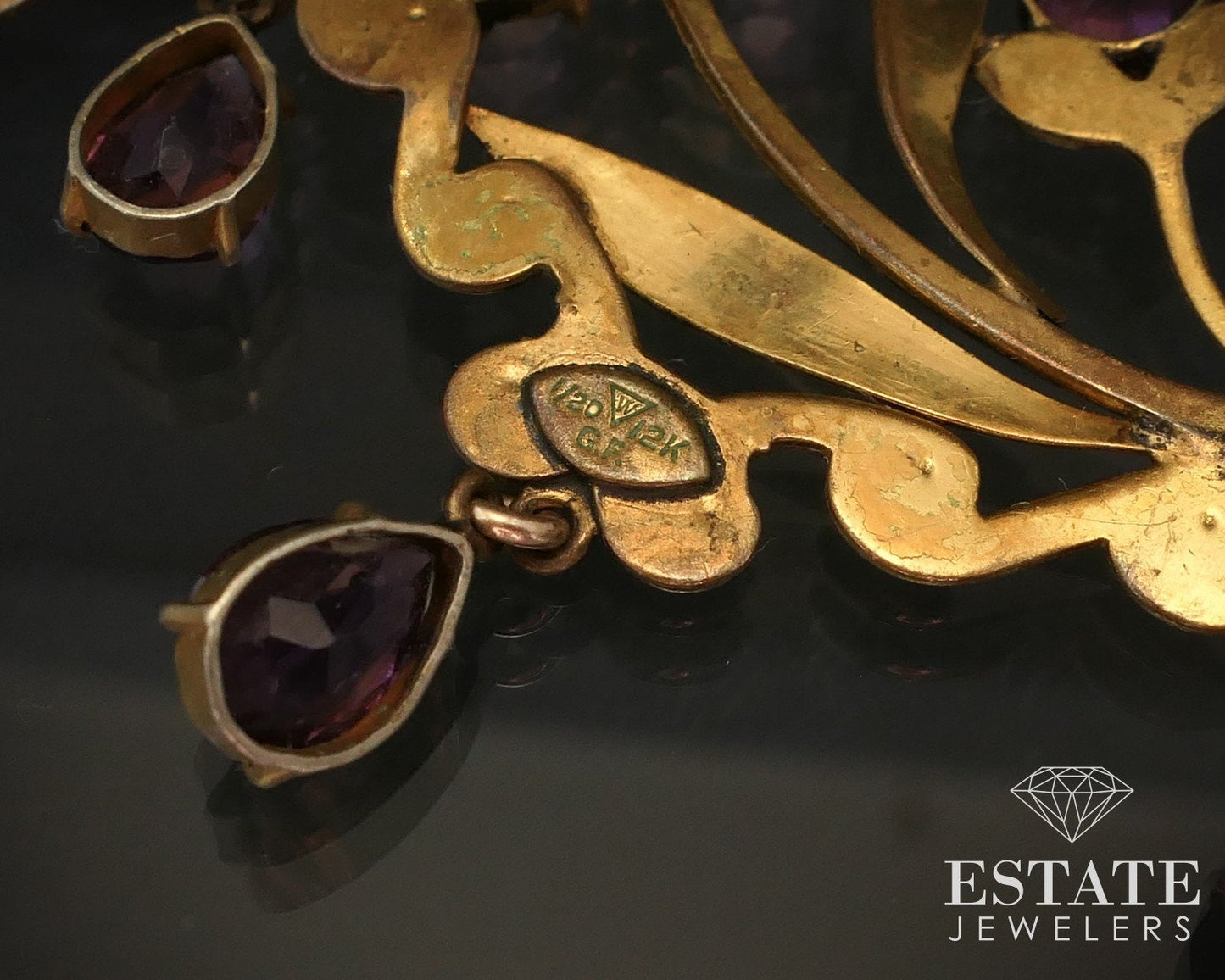 Antique Nouveau Gold Filled J.J. White Purple Stone Necklace 10.3g 17"L i14378