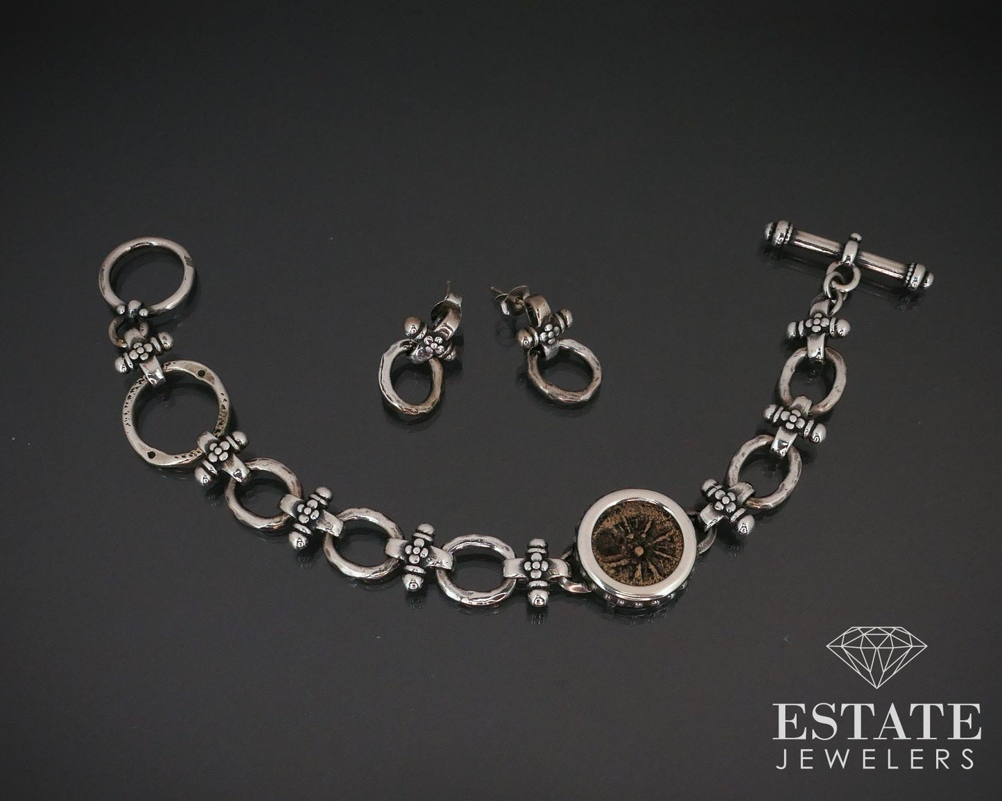 Vintage Sterling Brass Coin Oval Link Bracelet & Earrings Set 28.3g i14372