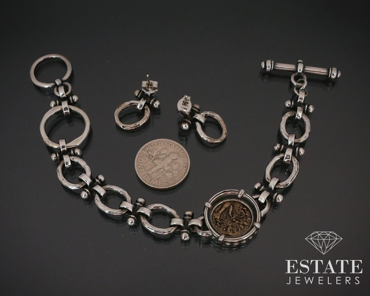 Vintage Sterling Brass Coin Oval Link Bracelet & Earrings Set 28.3g i14372