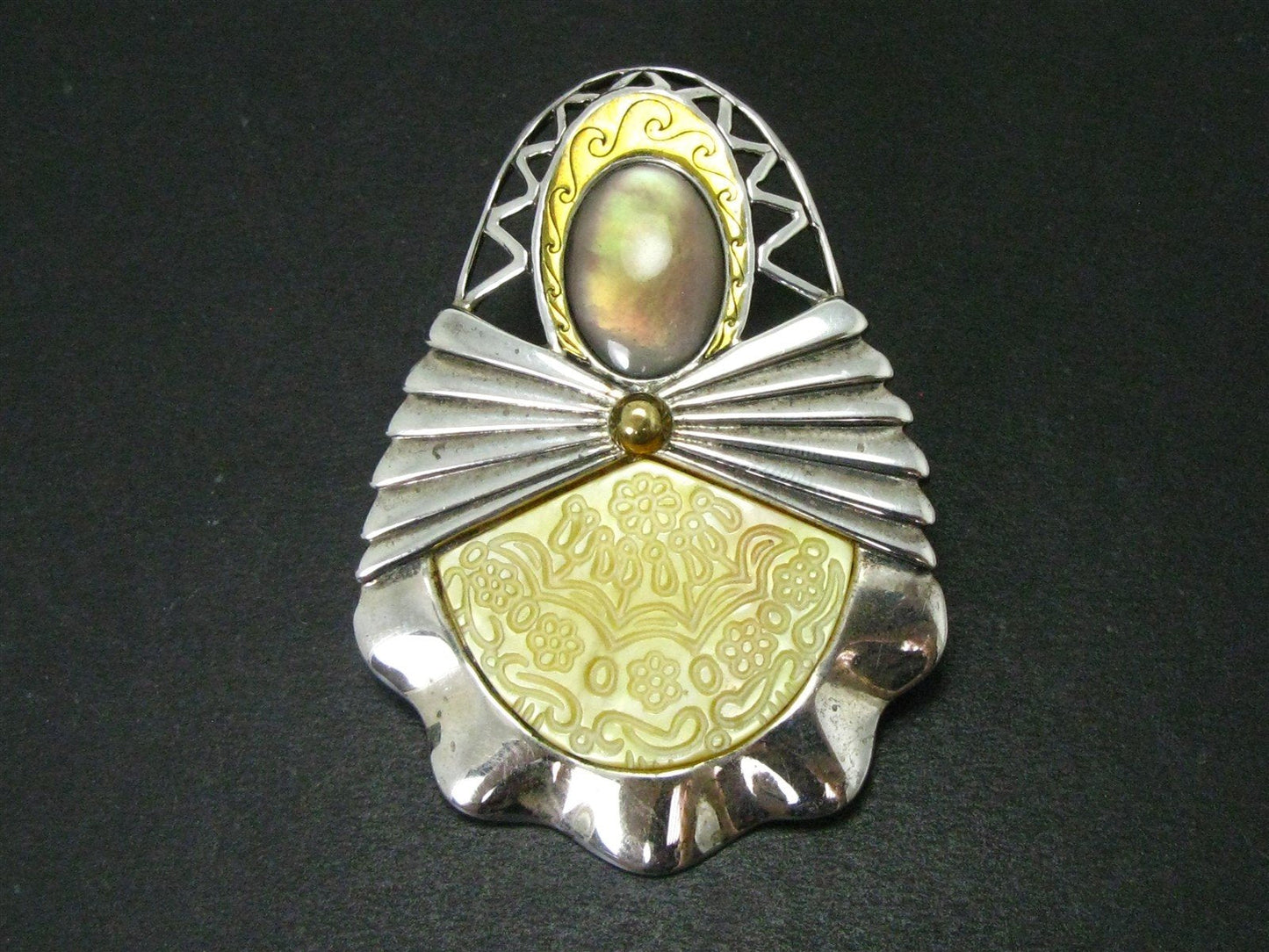 Estate Sterling Brass Carolyn Pollack Natural Mother of Pearl Pendant 20g i14457