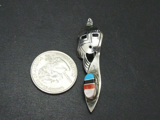 Vintage Sterling Jerry Johnson Navajo Multi Gem Mask Tribal Pin Brooch 4g i14572