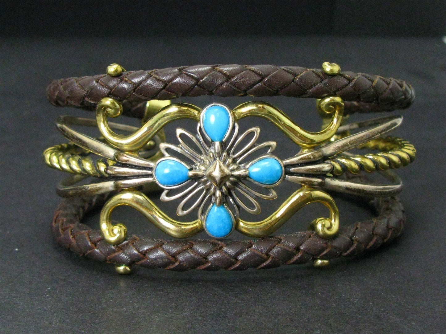 Sterling Brass Southwestern Turquoise American West Cuff Bracelet 56g i14549