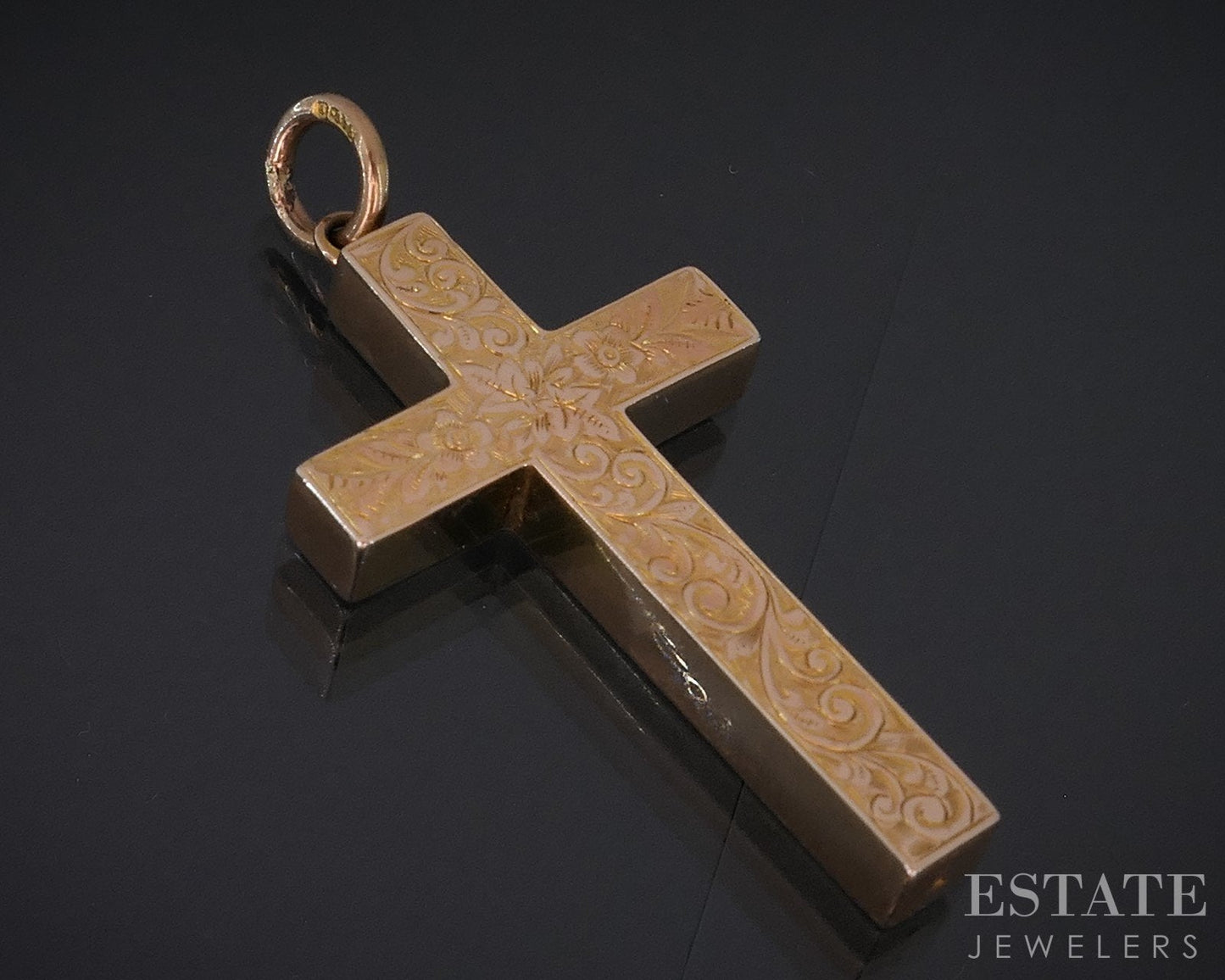 Antique Victorian 9k Rose Gold European Engraved Cross Pendant 2.9g i14718