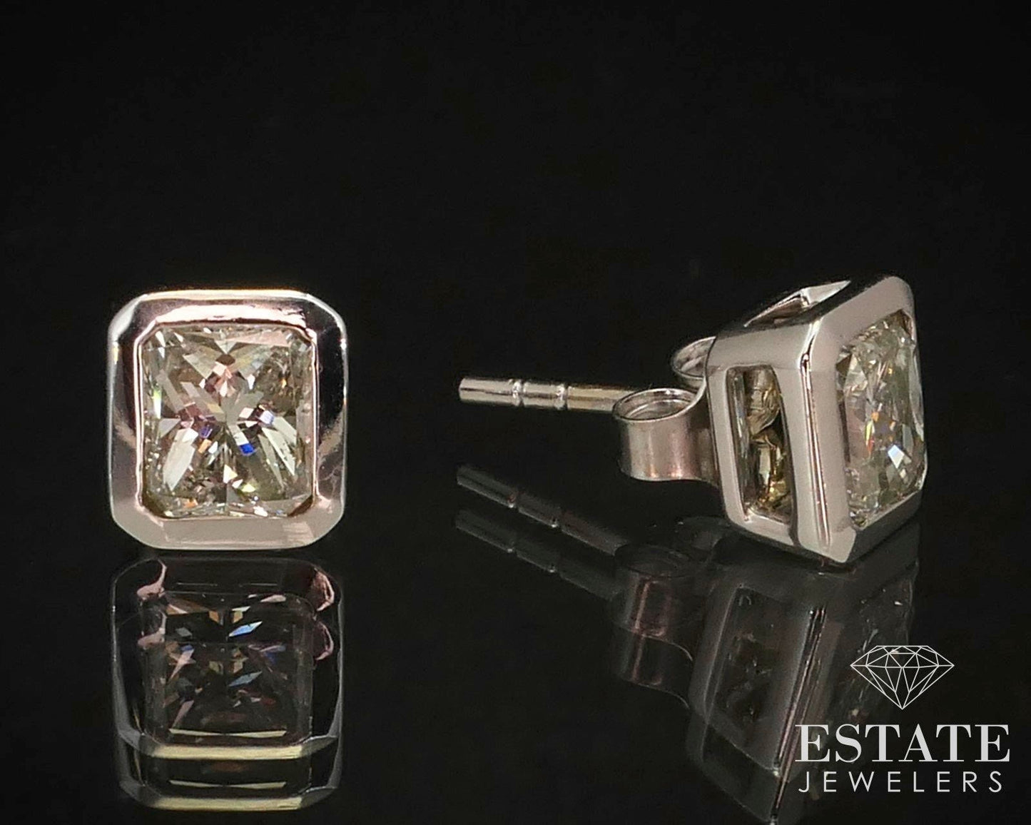 14k White Gold Radiant Cut 1.50ctw Natural Diamond Bezel Stud Earrings i14798