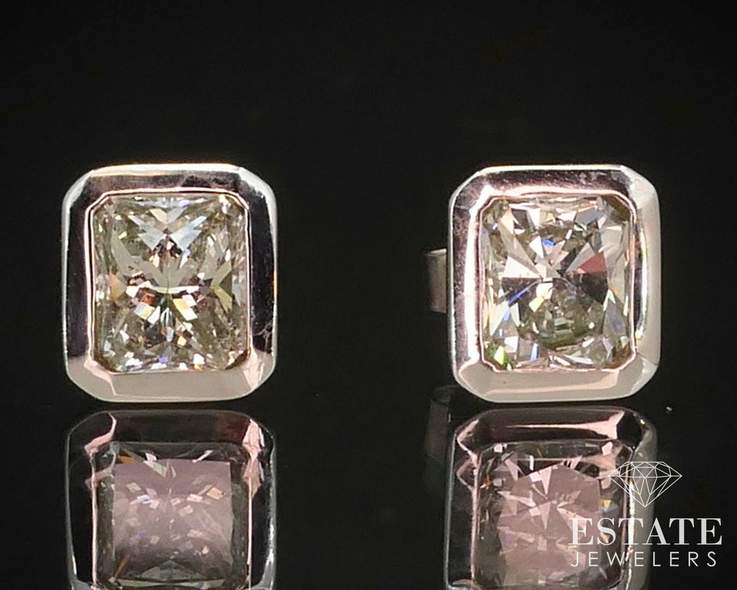 14k White Gold Radiant Cut 1.50ctw Natural Diamond Bezel Stud Earrings i14798
