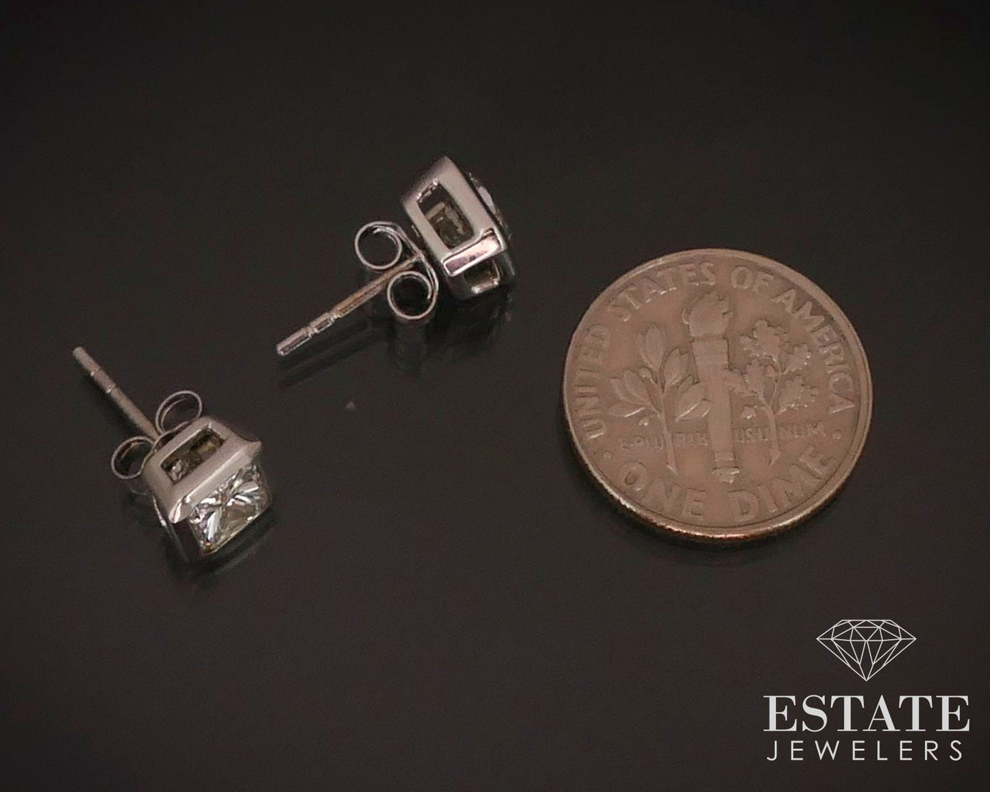 14k White Gold Radiant Cut 1.50ctw Natural Diamond Bezel Stud Earrings i14798