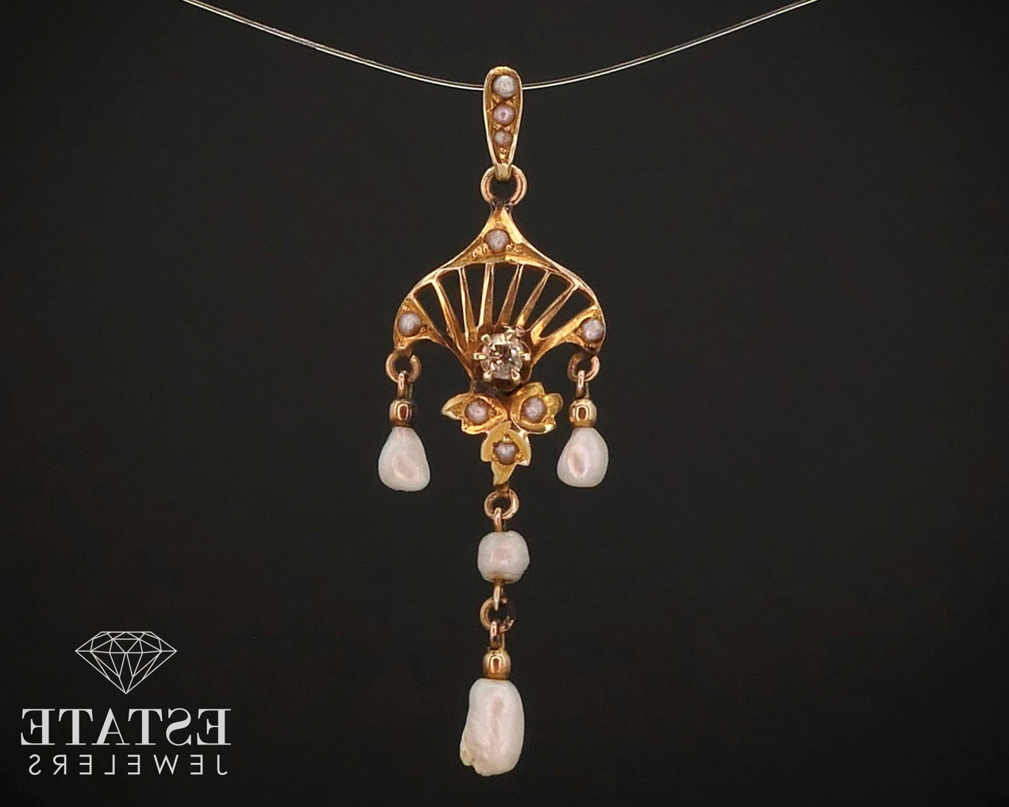 Antique Victorian 14k Yellow Gold Diamond & Seed Pearl Lavalier Pendant i14896