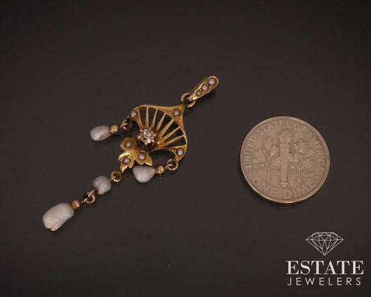 Antique Victorian 14k Yellow Gold Diamond & Seed Pearl Lavalier Pendant i14896
