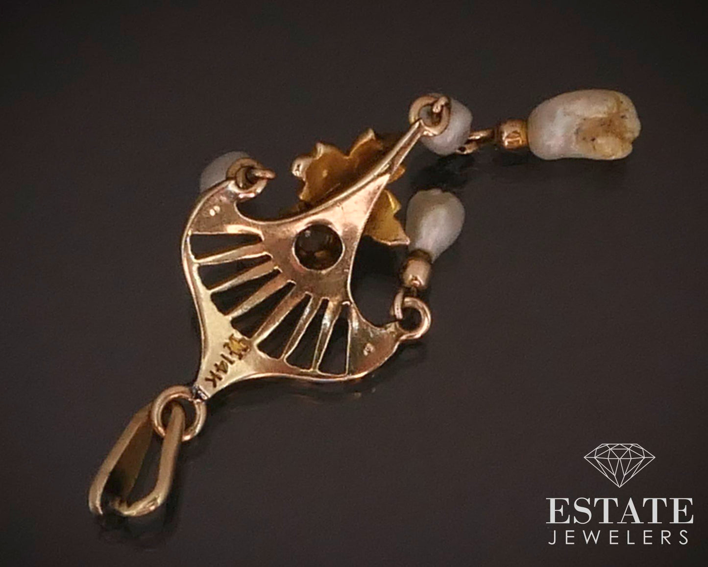 Antique Victorian 14k Yellow Gold Diamond & Seed Pearl Lavalier Pendant i14896