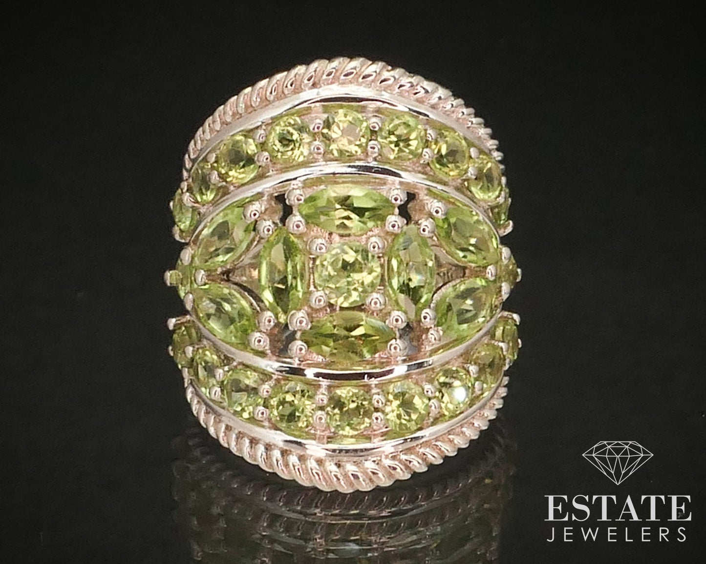 Estate Sterling Silver Natural Peridot Cocktail Band Ring 10g i15006