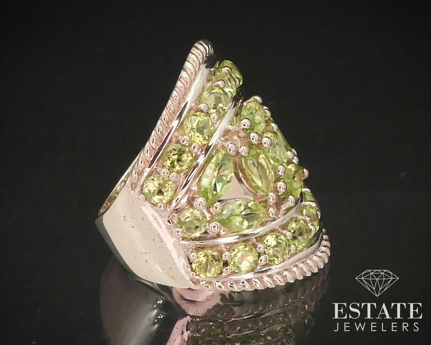Estate Sterling Silver Natural Peridot Cocktail Band Ring 10g i15006