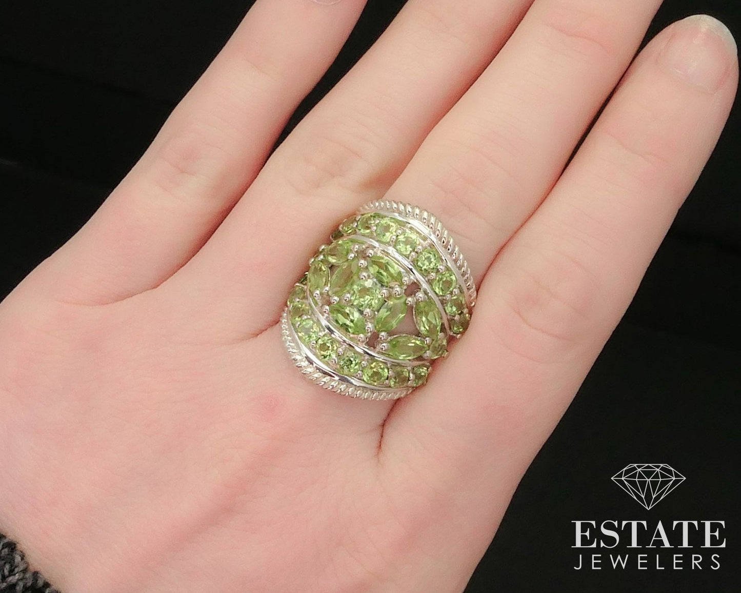 Estate Sterling Silver Natural Peridot Cocktail Band Ring 10g i15006