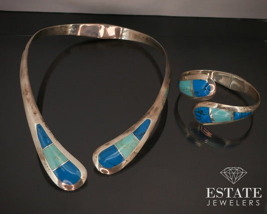 Sterling Natural Turquoise Mexico Bracelet & Choker Necklace 142g i14986
