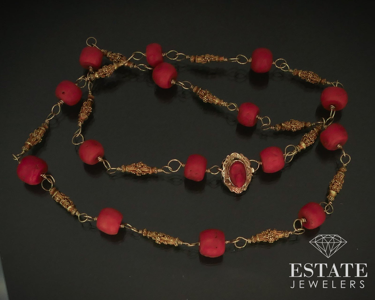 Antique 22k & 18k Yellow Gold Natural Coral Beaded Necklace 27.3g 22"L i15058