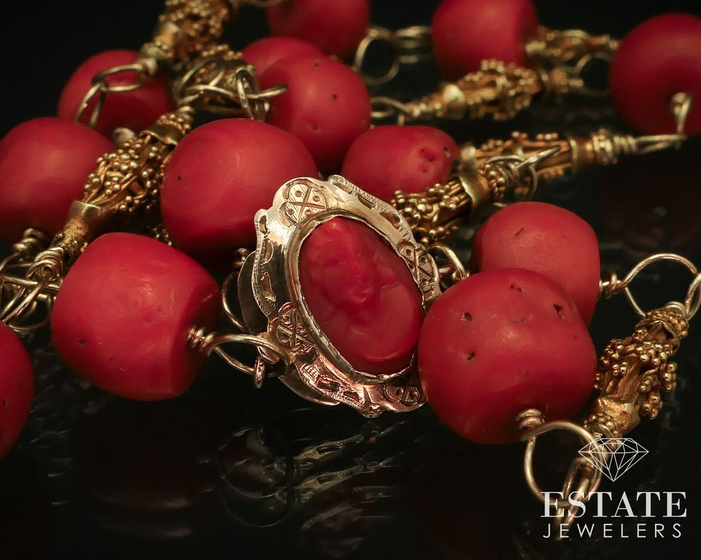 Antique 22k & 18k Yellow Gold Natural Coral Beaded Necklace 27.3g 22"L i15058