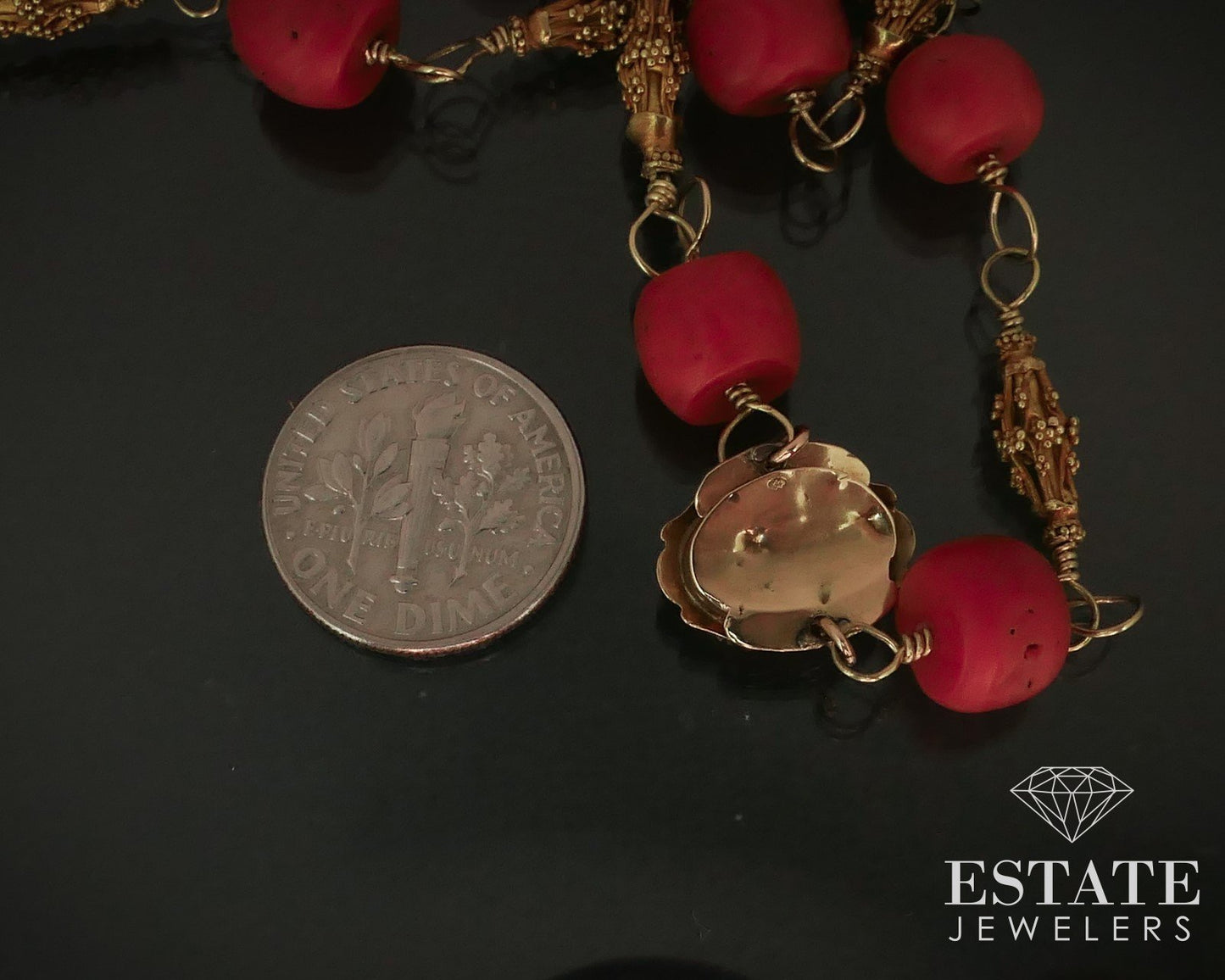 Antique 22k & 18k Yellow Gold Natural Coral Beaded Necklace 27.3g 22"L i15058