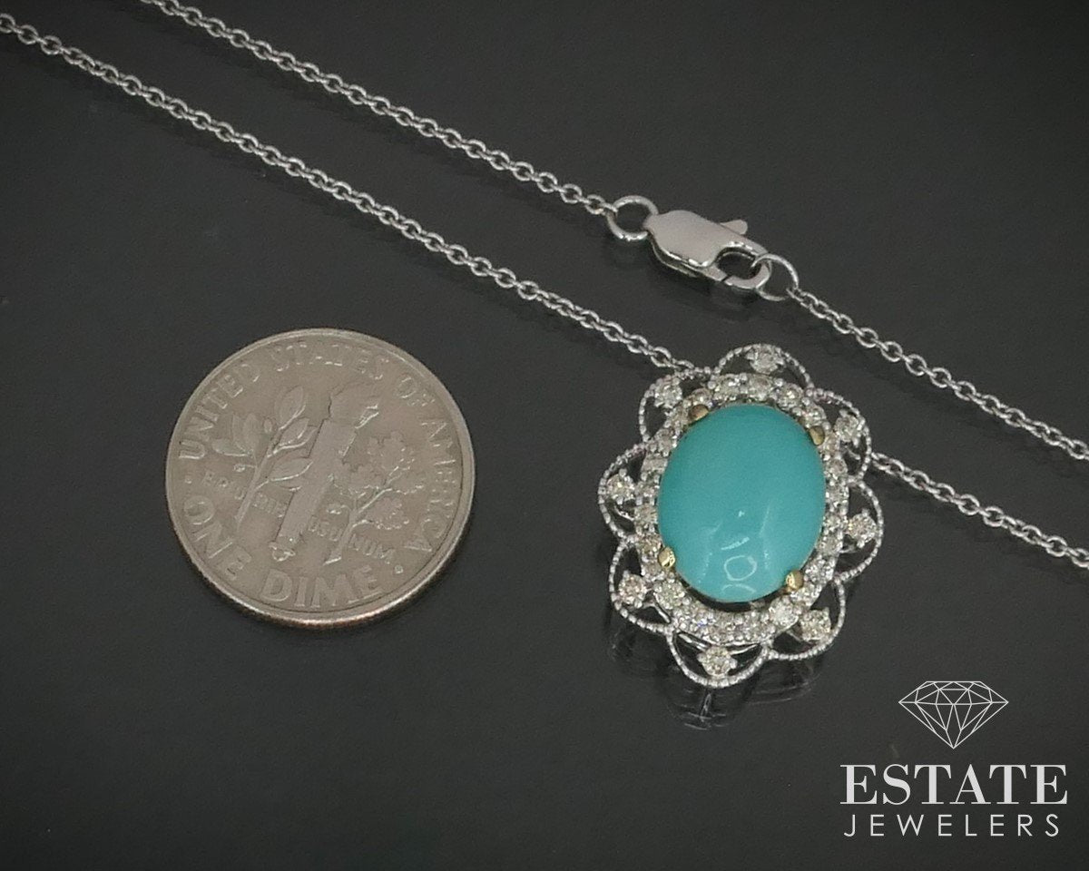 14K White Gold Natural Turquoise & Diamond Ladies Necklace 5.7g 20"L i15097
