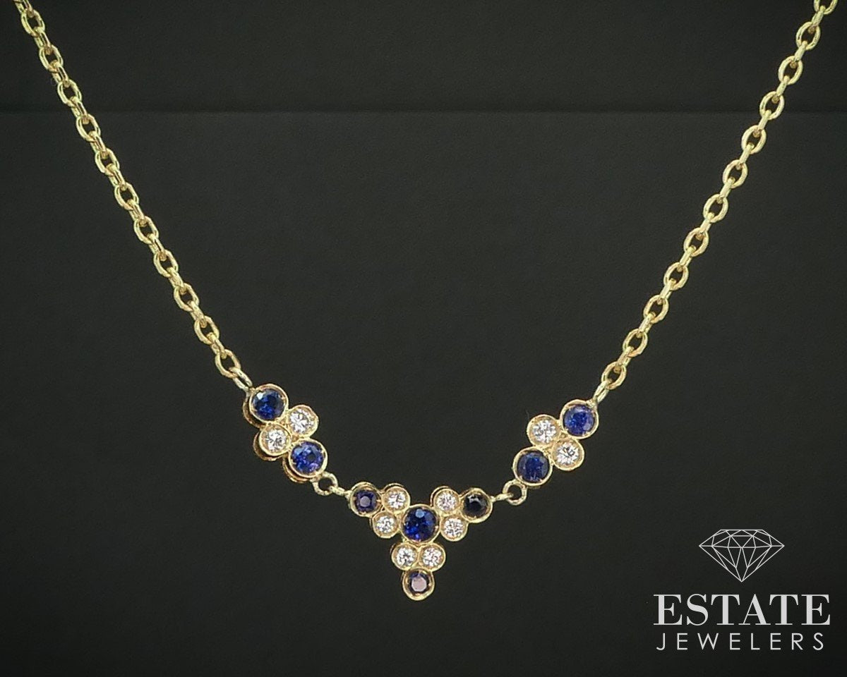 18k Yellow Gold Natural Blue Sapphire & Diamond Station Necklace 9.4g i15107