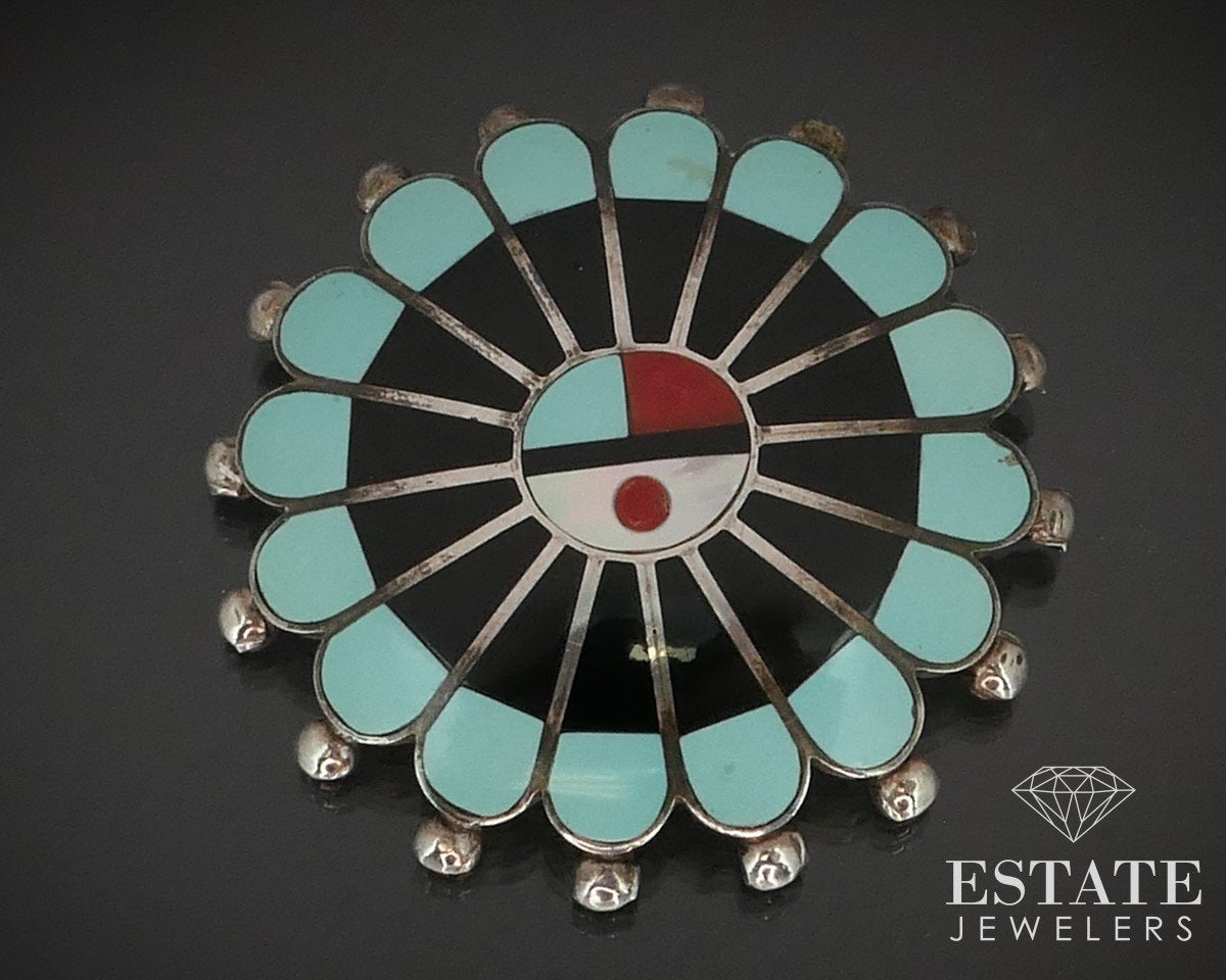 Vintage Sterling Zuni Sun God L. Tuscon Multi Gem Pin Pendant 12g i15176