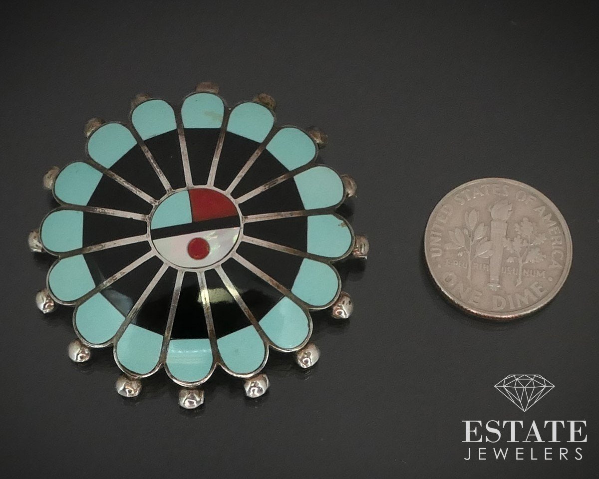 Vintage Sterling Zuni Sun God L. Tuscon Multi Gem Pin Pendant 12g i15176