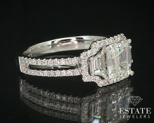 14k White Gold Emerald Cut 1.12ct Diamond Halo Engagement Ring 3.8g i15175