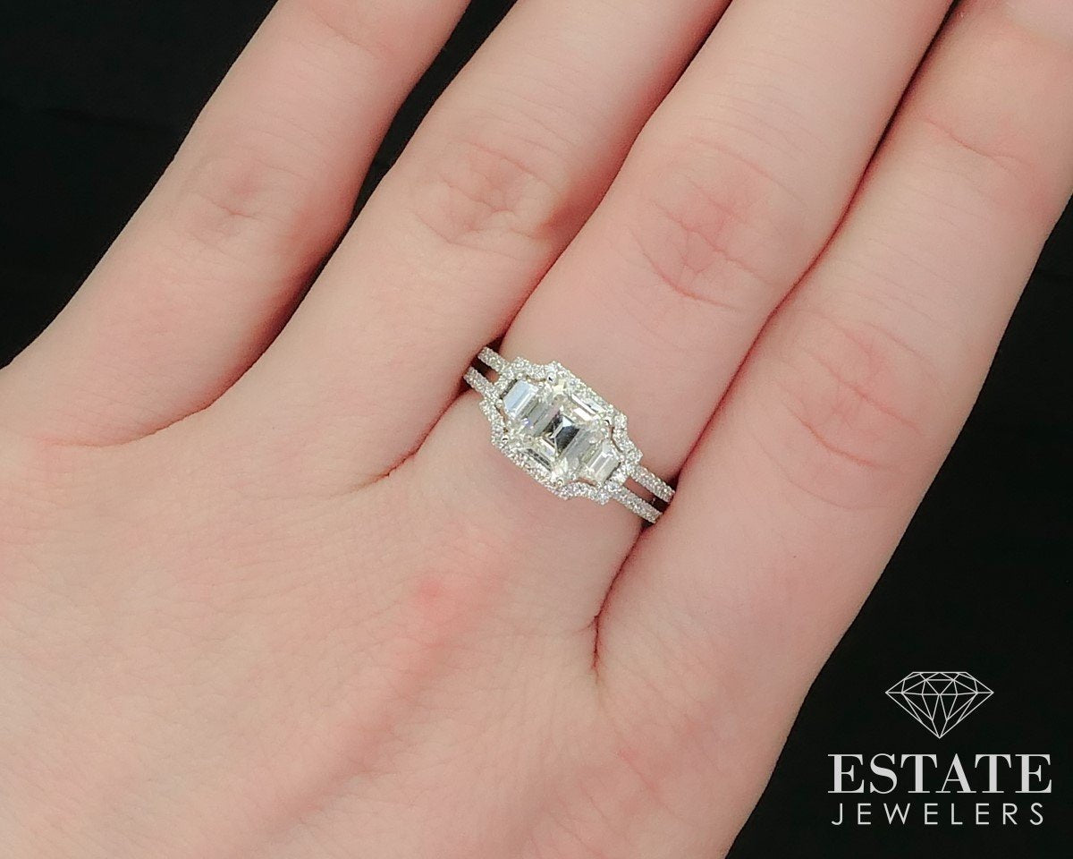 14k White Gold Emerald Cut 1.12ct Diamond Halo Engagement Ring 3.8g i15175