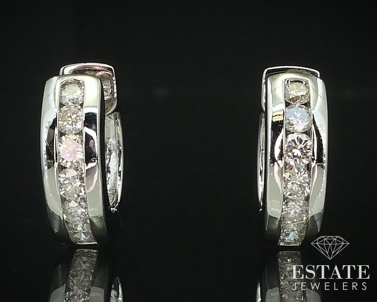 14k White Gold Round Natural 1.00ctw Diamond Huggie Hoop Earrings 6.3g i15151