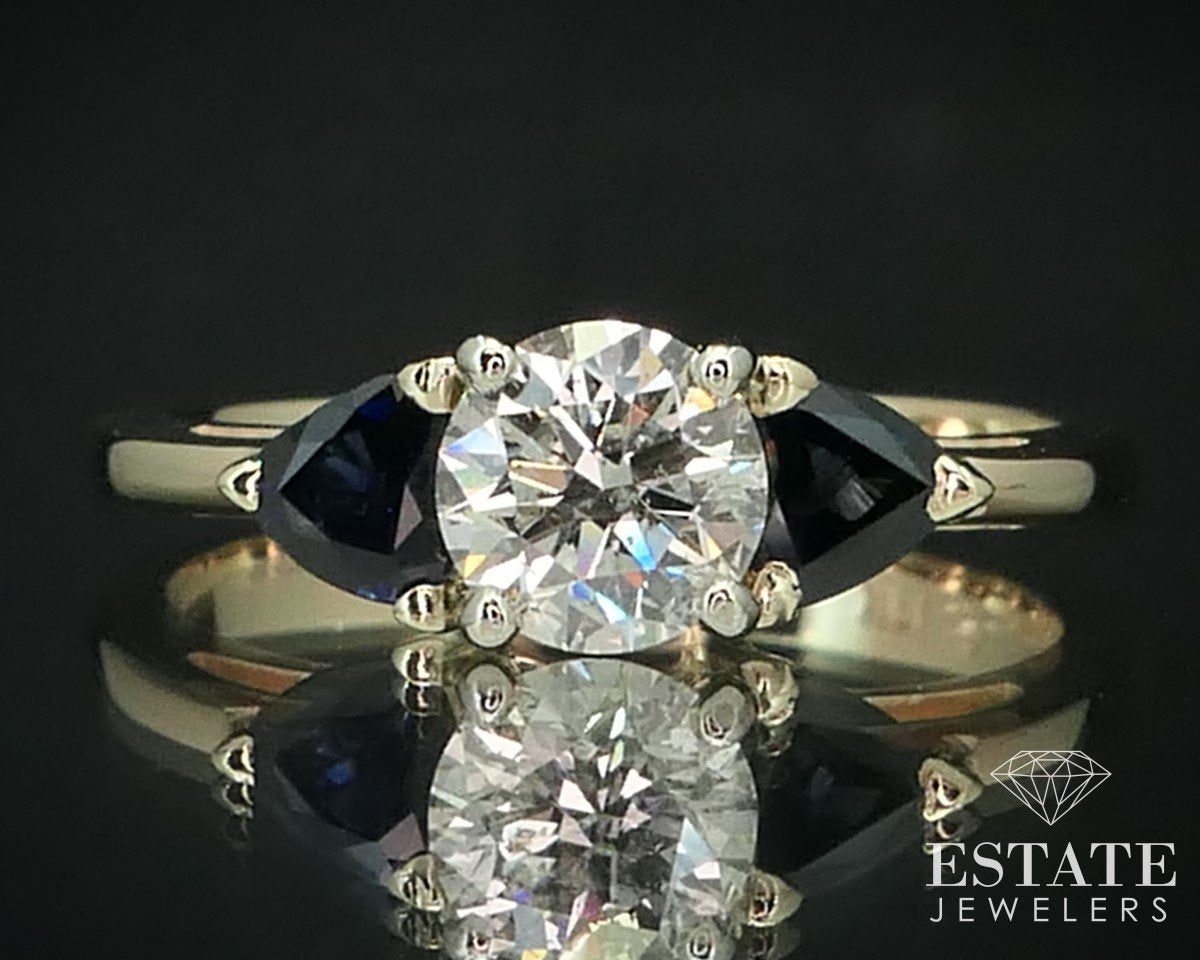 14k Yellow Gold .69ct Round Diamond & Blue Sapphire Engagement Ring 2.8g i15216