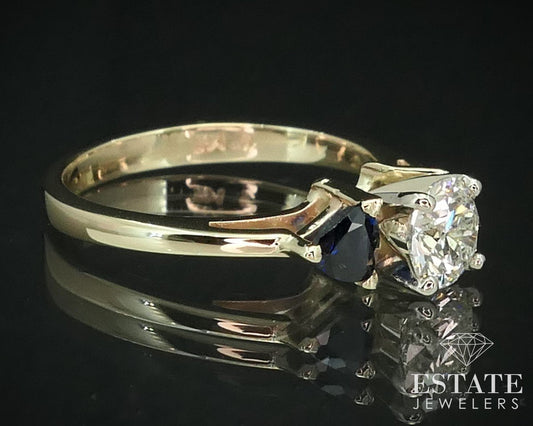 14k Yellow Gold .69ct Round Diamond & Blue Sapphire Engagement Ring 2.8g i15216