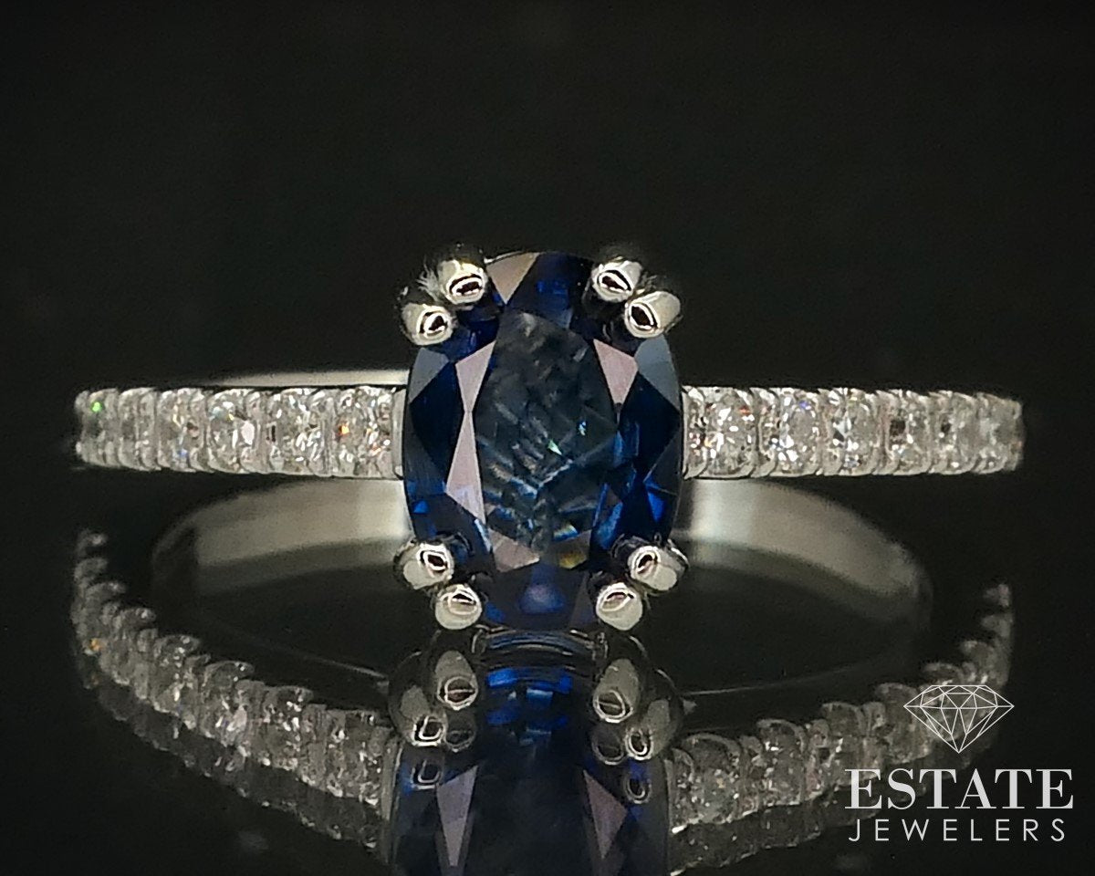 14k White Gold Natural Oval Blue Sapphire & Diamond Ring 2.8g i15230