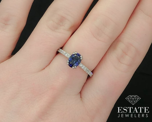 14k White Gold Natural Oval Blue Sapphire & Diamond Ring 2.8g i15230