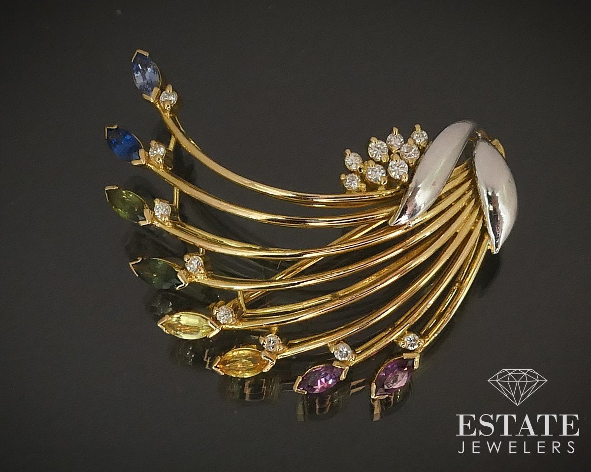 18k Yellow Gold Multicolor Sapphire Diamond Rainbow Brooch 10.1g i15242